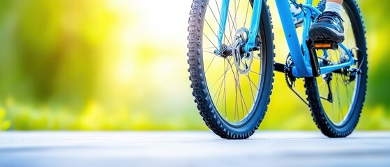 A close-up view of a blue bicycle wheel on a scenic path with a vibrant background, perfect for outdoor adventure themes.