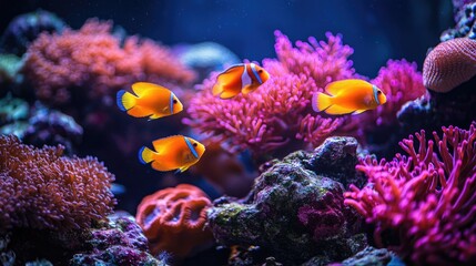 Obraz premium A school of orange and yellow fish swim among pink and purple coral in a vibrant underwater scene.