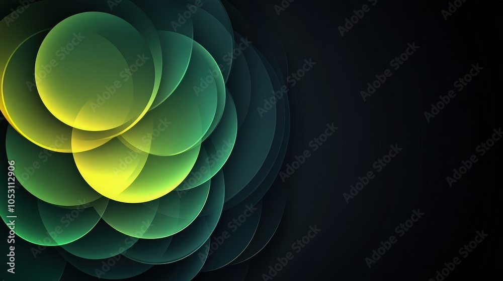 Wall mural a modern dark background with pastel overlapping circles in gradient shades of green and yellow, cre