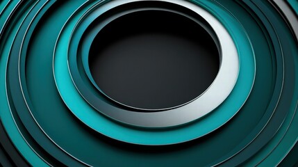 Geometric teal and silver circular rings form a sophisticated structure set against a solid dark background for corporate presentations.