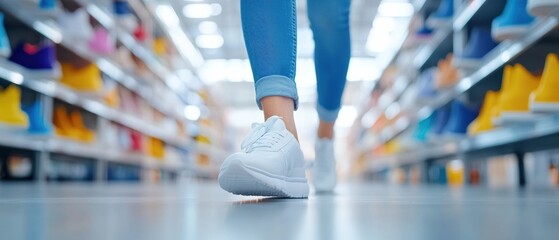 A close-up view of a person walking in a shoe store, showcasing a variety of colorful footwear on display.