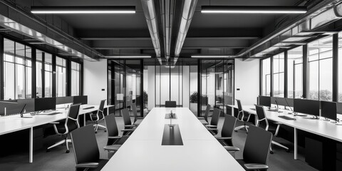 Obraz premium modern office interior, open plan workspace, long conference table, glass partitions, industrial ceiling, pendant lights, minimalist design, monochrome, high contrast, symmetrical composition, natural