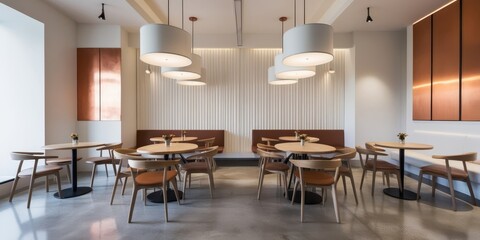 Fototapeta premium Modern restaurant interior, minimalist design, white walls, wood paneling, round tables, black chairs, large drum pendant lights, beige floor, clean aesthetic, symmetrical layout, contemporary dining 