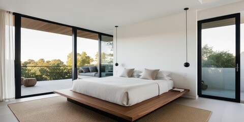 Fototapeta premium Minimalist bedroom, modern interior design, large glass sliding door, natural light, wooden platform bed, white walls, pendant lights, beige carpet, clean lines, spacious room, zen atmosphere, contemp