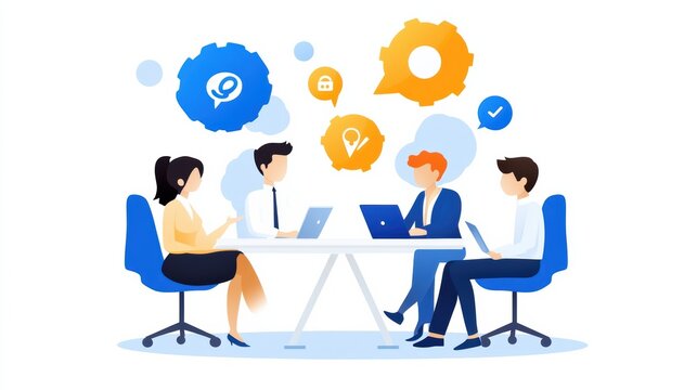 A collaborative meeting scene with diverse individuals engaged in discussion, enhancing teamwork and productivity.