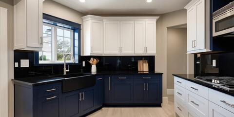 Fototapeta premium Modern kitchen design, two-tone cabinets, navy blue and white, black subway tile backsplash, stainless steel appliances, pendant lights, hardwood floors, open concept, minimalist style, high contrast,