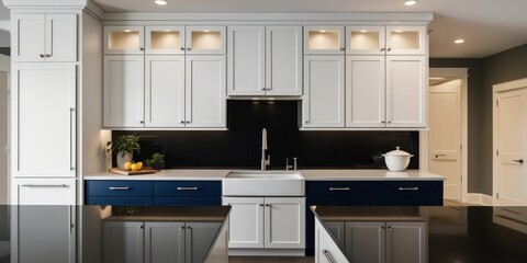 Fototapeta premium Modern kitchen design, two-tone cabinets, navy blue and white, black subway tile backsplash, stainless steel appliances, pendant lights, hardwood floors, open concept, minimalist style, high contrast,