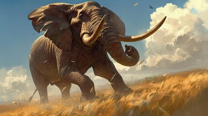 Fototapeta premium A Mighty Elephant Charging Through a Golden Field