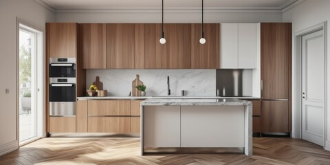 Fototapeta premium Modern minimalist kitchen, light wood cabinetry, white countertops, built-in appliances, L-shaped layout, large window, natural light, neutral color palette, sleek hardware, contemporary design, clean
