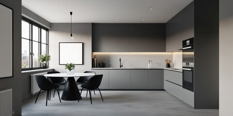 Fototapeta premium Modern minimalist kitchen, sleek gray cabinetry, quartz countertops, pendant lighting, black dining chairs, round black table, large windows, natural light, monochromatic color scheme, contemporary in
