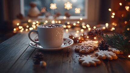 A holiday table with a steaming cup of hot chocolate, sugar cookies sprinkled with festive decorations, and bright twinkling fairy lights, rustic wooden background adding a cozy touch,