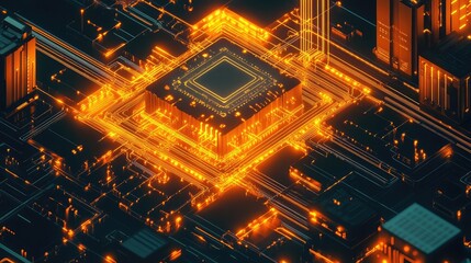 Obraz premium Isometric illustration of a centralized data hub with glowing circuits and interconnected nodes, representing seamless network infrastructure