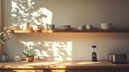 Light-filled minimalist kitchen with wooden shelves and minimal decor