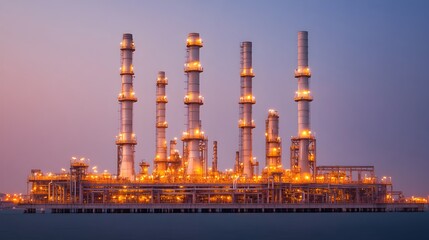 Fototapeta premium Wide angle view of an illuminated offshore oil refinery at night with cranes machinery and expansive pipelines stretching across the platform against a dark sky and horizon