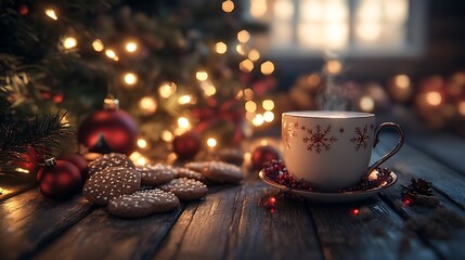 Fototapeta premium A rustic holiday scene featuring a warm cup of hot chocolate, traditional Christmas cookies, glowing Christmas lights, wooden table texture, soft focus, and festive ornaments adding holiday charm,