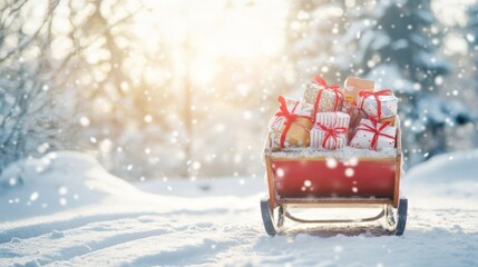 Cozy Sleigh Full of Wrapped Gifts in Snowy Landscape