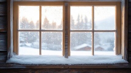 Fototapeta premium Cozy Winter Cabin with Snowy View from Window