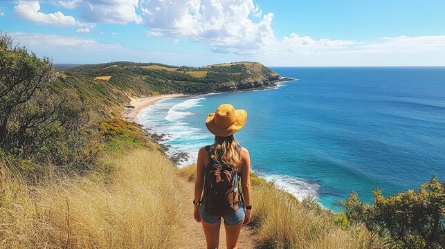 Woman Hiking on a Coastal Trail with Ocean Views