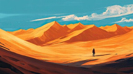 Solitary Figure Advancing Through a Vast Desert Landscape