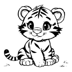 Coloring Page Outline of Cute Baby Tiger black and white illustration.