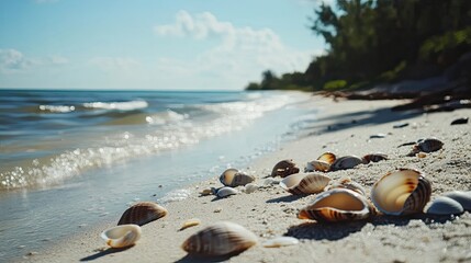 Obraz premium Seashells Scattered on a Sandy Beach with Ocean Waves in the Background