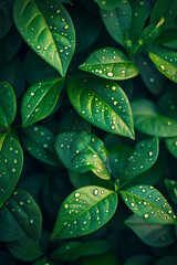 Fototapeta premium A close-up photograph of green leaves with water droplets on them, set against a darker green background
