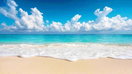 Fototapeta premium Ocean waves rolling under a vibrant sky with gentle clouds over an empty beach, capturing the calm beauty of the coast