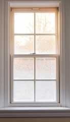 Fototapeta premium Elegant window with frost patterns, soft light illuminating the interior, minimalistic design.