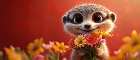 Fototapeta premium A cute cartoon meerkat with big eyes smiles and holds a bouquet of colorful flowers.