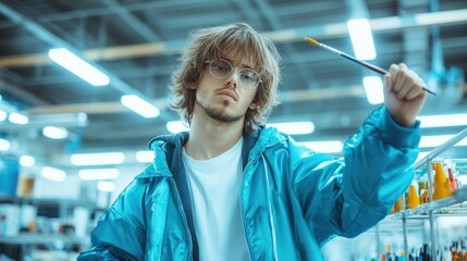 A creative young man in a blue jacket holds a paintbrush, showcasing his artistic style in a vibrant indoor environment.
