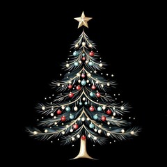 simple isolated watercolor christmas tree decorated with colorful lights and a gold star on top on black background