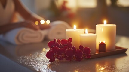 Plakat A serene spa environment showcasing a professional massage session with candles, orchids, and essential oils placed around the treatment table