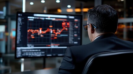A man in business attire reviews fluctuating data on a large glowing screen in a modern office.