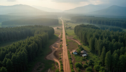 Aerial View of a Scenic Road Through Lush Forests