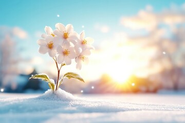 A delicate flower blooms in fresh snow, illuminated by a warm sunrise, symbolizing resilience and beauty in winter's embrace.