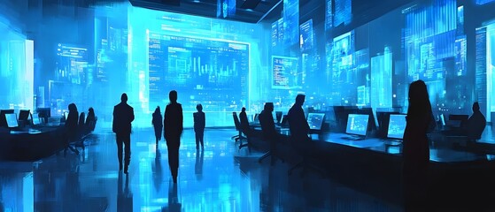 Futuristic Workplace Featuring Holographic Presentations and Digital Interfaces