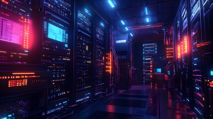 Vast server room with blinking LED lights illuminating sleek modern high tech architecture