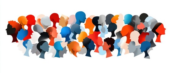 A diverse array of colorful silhouette heads representing unity, diversity, and multiculturalism in a modern design.
