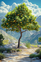 A vibrant, computer-generated image of a lush, fruit-laden orange tree in a rocky, mountainous landscape