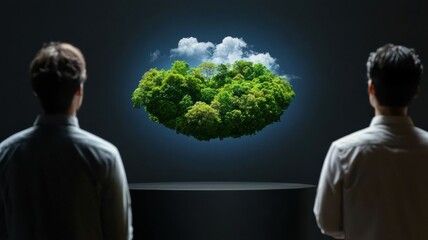 Two individuals observe a 3D floating island of greenery and clouds, emphasizing a blend of nature and technology in a futuristic setting.