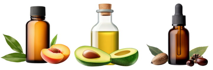 Natural Oils in Bottles with Fruits and Leaves