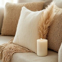 Cozy Living Room Decor with Candles and Textured Pillows for a Relaxing Atmosphere