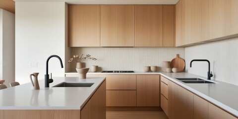 Minimalist modern kitchen, wood cabinets, clean lines, white countertops, neutral color palette, black faucets, open concept, natural light, white backsplash, sleek appliances, uncluttered design, war