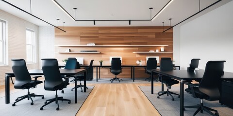 modern office interior, minimalist design, black ergonomic chairs, long conference table, wooden accent wall, white textured ceiling, recessed lighting, sleek workspace, corporate meeting room, contem