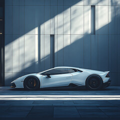 A sleek, white sports car is in a modern, light-gray garage.

