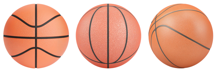 A trio of basketballs, showcasing different perspectives with textured surfaces and distinctive lines.