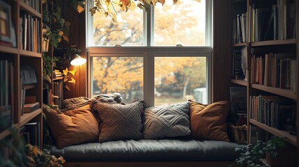 Fototapeta premium A cozy reading nook bathed in natural light, featuring lush plants and surrounded by bookshelves in a serene home setting