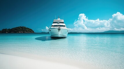 Fototapeta premium A luxury yacht anchored in crystal-clear water near a tropical island on a sunny day with fluffy white clouds in the sky