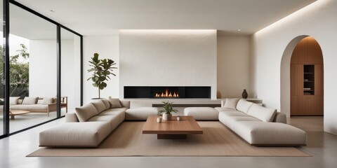 Fototapeta premium modern minimalist living room, arched doorways, textured white walls, beige sofa, wooden coffee table, fireplace, large windows, potted plants, neutral color palette, architectural interior, cozy cont