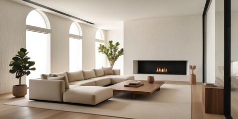 Fototapeta premium modern minimalist living room, neutral tones, white brick walls, arched doorways, large windows, natural light, contemporary fireplace, beige sectional sofa, wooden coffee table, potted plants, cozy i